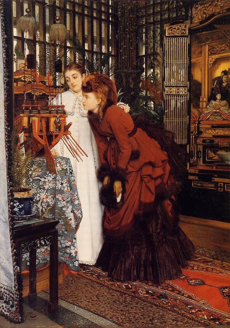 James Jacques Joseph Tissot YOUNG WOMEN LOOKING AT JAPANESE OBJECTS
